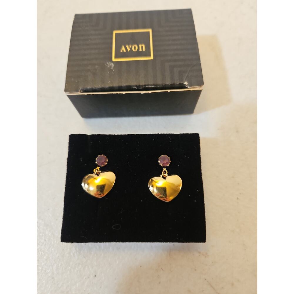 Vintage Avon Birthstone Heart Drop Earrings February Simulated Amethyst NOS